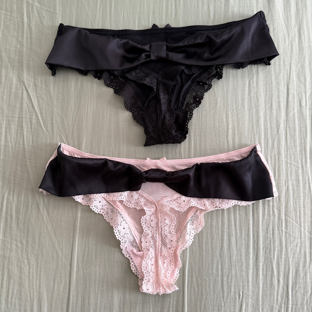 2 x Victoria's Secret Luxe Satin Bow Black & Pink Lace Panties Thongs